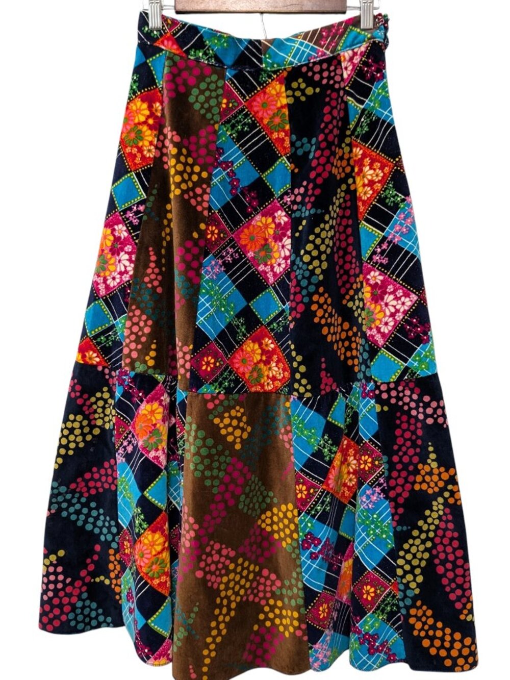 Vintage Womens Size 40 (S/M) Bohemian Patchwork Velvet Velour Hippie Midi Skirt